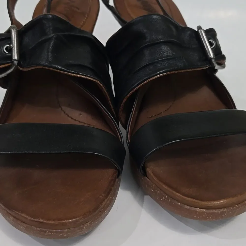 Naya Alamosa Black Leather Sling Back Sandals Block Heel Sz 9.5 Buckle Strappy‎